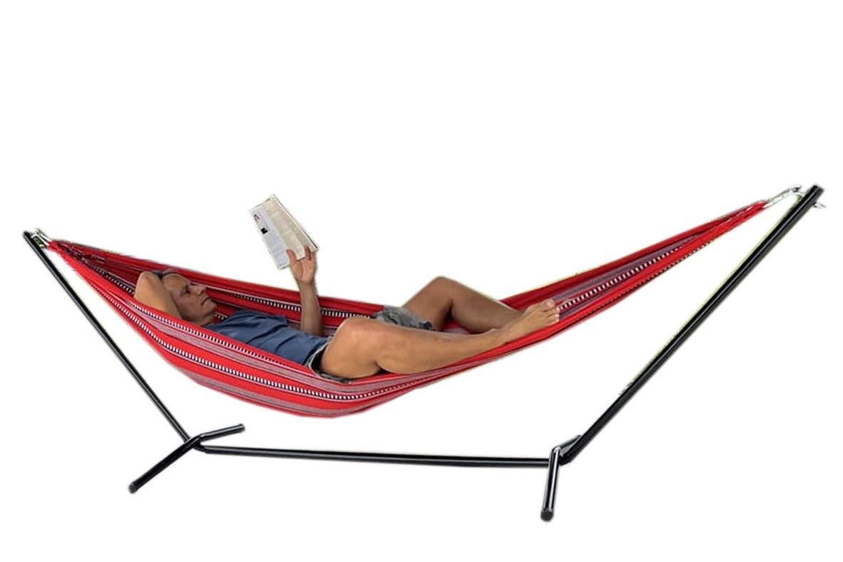Hamaca Portátil con Soporte Metálico – Relájate Donde Quieras con 50% de Descuento!