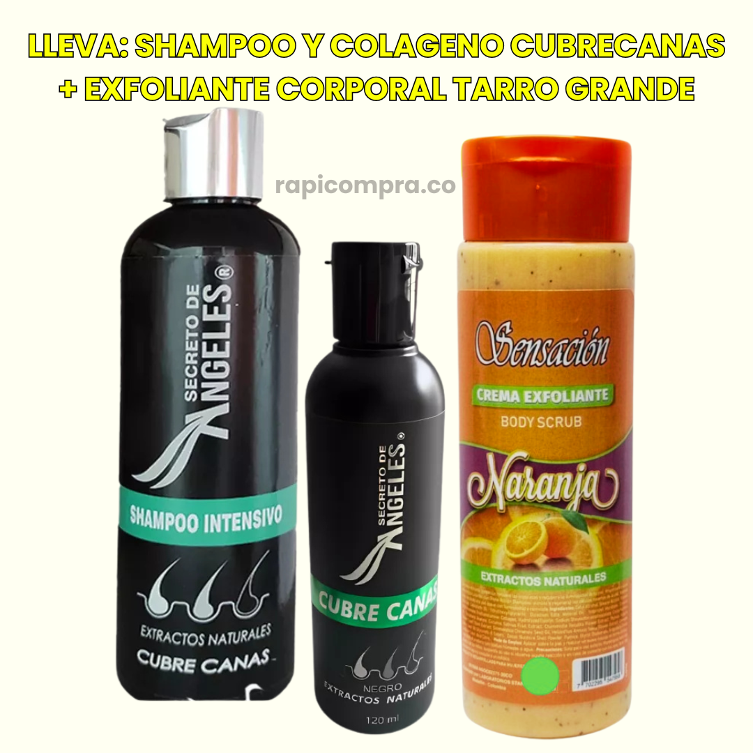 COMBO: SHAMPOO TAPA CANAS 250ML + TRATAMIENTO DE COLÁGENO 120ML + 🎁OBSEQUIO🎁 EXFOLIANTE CORPORAL GRANDE