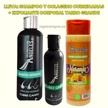 COMBO: SHAMPOO TAPA CANAS 250ML + TRATAMIENTO DE COLÁGENO 120ML + 🎁OBSEQUIO🎁 EXFOLIANTE CORPORAL GRANDE