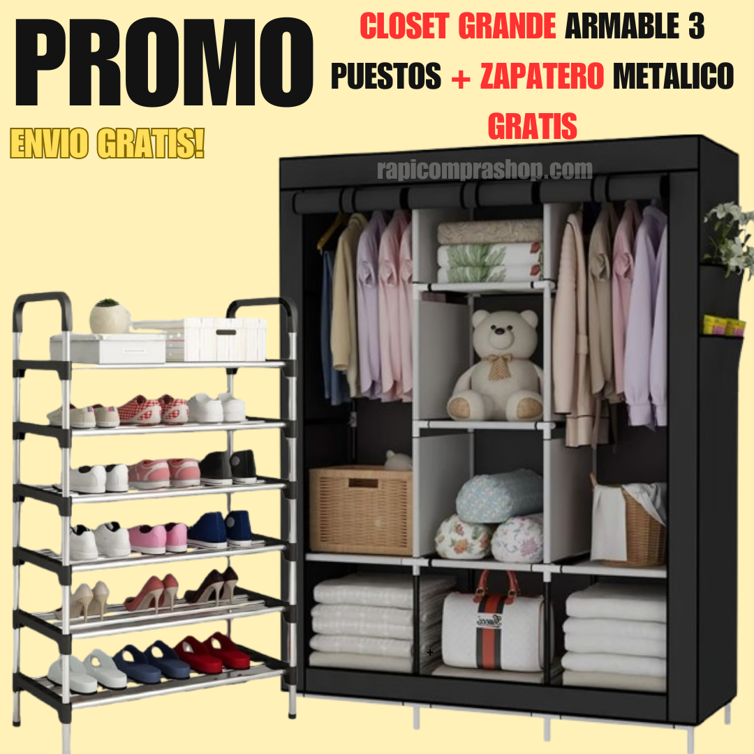 CLOSET ARMABLE 3 PUESTO REFORZADO 1.70M + ZAPATERO DE 6 NIVELES METÁLICO 1.10M GRATIS!
