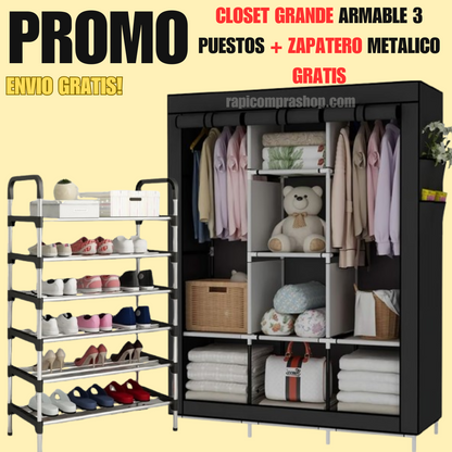 CLOSET ARMABLE 3 PUESTO REFORZADO 1.70M + ZAPATERO DE 6 NIVELES METÁLICO 1.10M GRATIS!