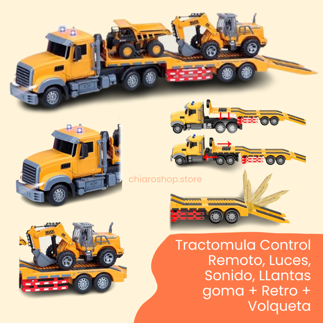Tractomula Control Remoto + Retroexcavadora + Volqueta - Llantas de goma, sonidos y luces - 50% OFF