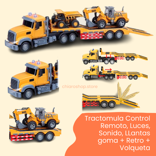 Tractomula Control Remoto + Retroexcavadora + Volqueta - Llantas de goma, sonidos y luces - 50% OFF